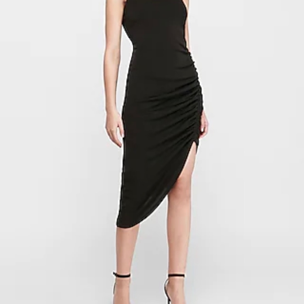 SLEEVELESS RUCHED ASYMMETRICAL MIDI DRESS